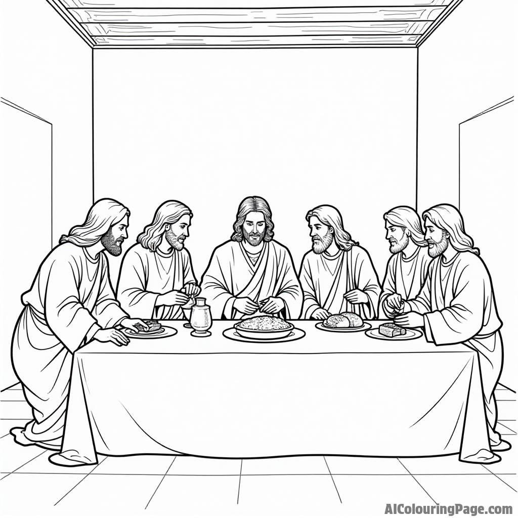 The Last Supper with Jesus and his disciples, bread and wine on the table, serene atmosphere