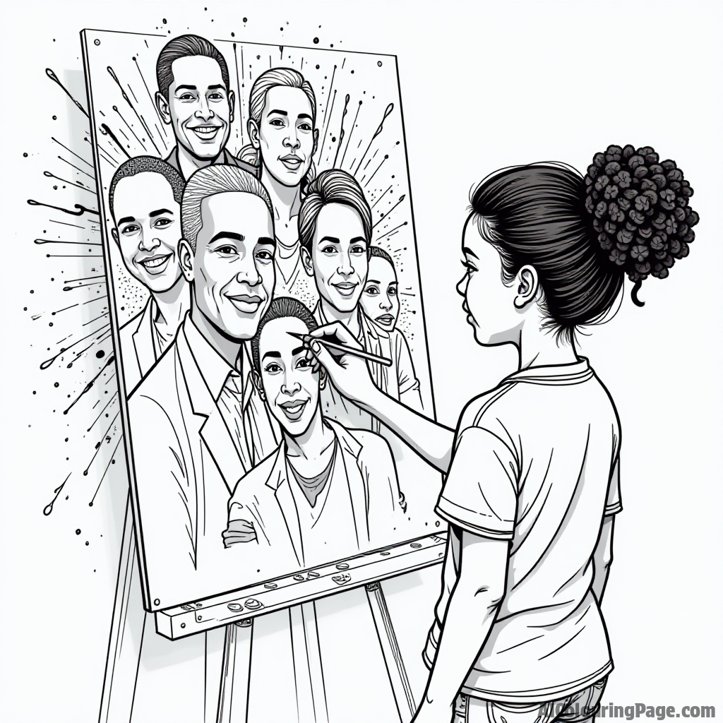 A young artist painting a mural of famous black figures, with splashes of paint and creativity, promoting art and inspiration, beautifully illustrated for a black and white coloring booklet.