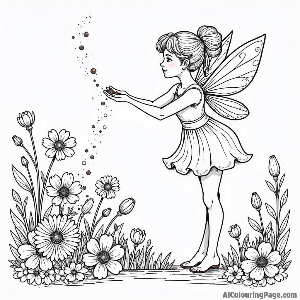 A chocolate fairy sprinkling chocolate dust over a garden of candy flowers and sweet plants.