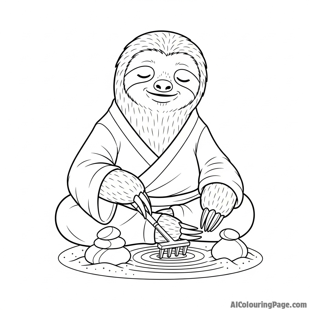 A sloth as a zen master, tending to a miniature rock garden.