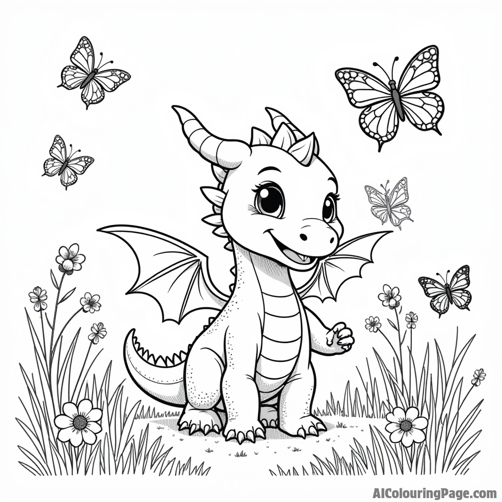 A baby dragon playing with colorful butterflies in a sunny meadow filled with flowers and tall grasses.