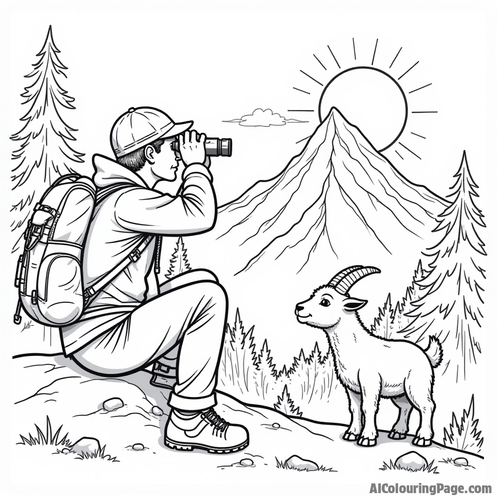 A mountain climber peering through binoculars at a distant peak, with a playful mountain goat nearby and a beautiful sunrise illuminating the scene, perfect for coloring fun.