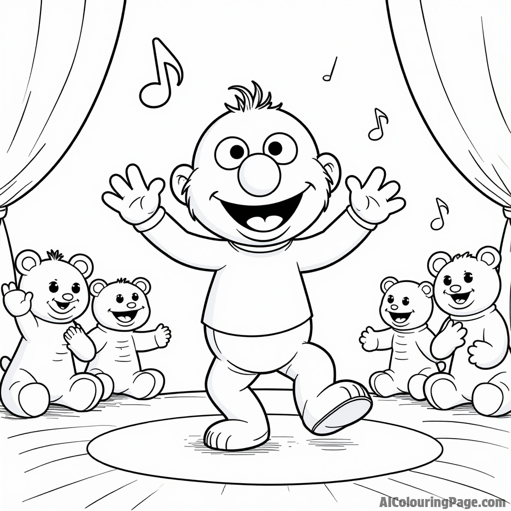 A Muppet baby dancing on a stage, with musical notes floating around and a cheering audience of stuffed animals.