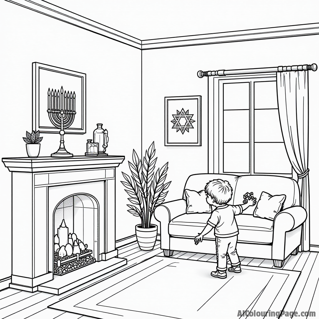 A cozy living room decorated for Hanukkah, with a menorah on the mantle, children hanging decorations, providing a warm and inviting coloring experience for young artists.