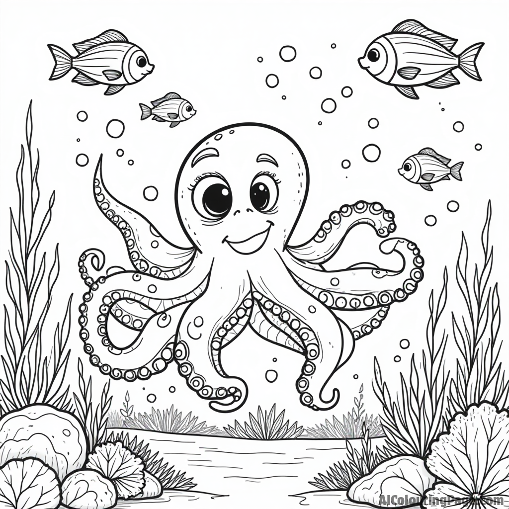 An underwater adventure with a friendly octopus, colorful coral reefs, and schools of fish swimming happily together.