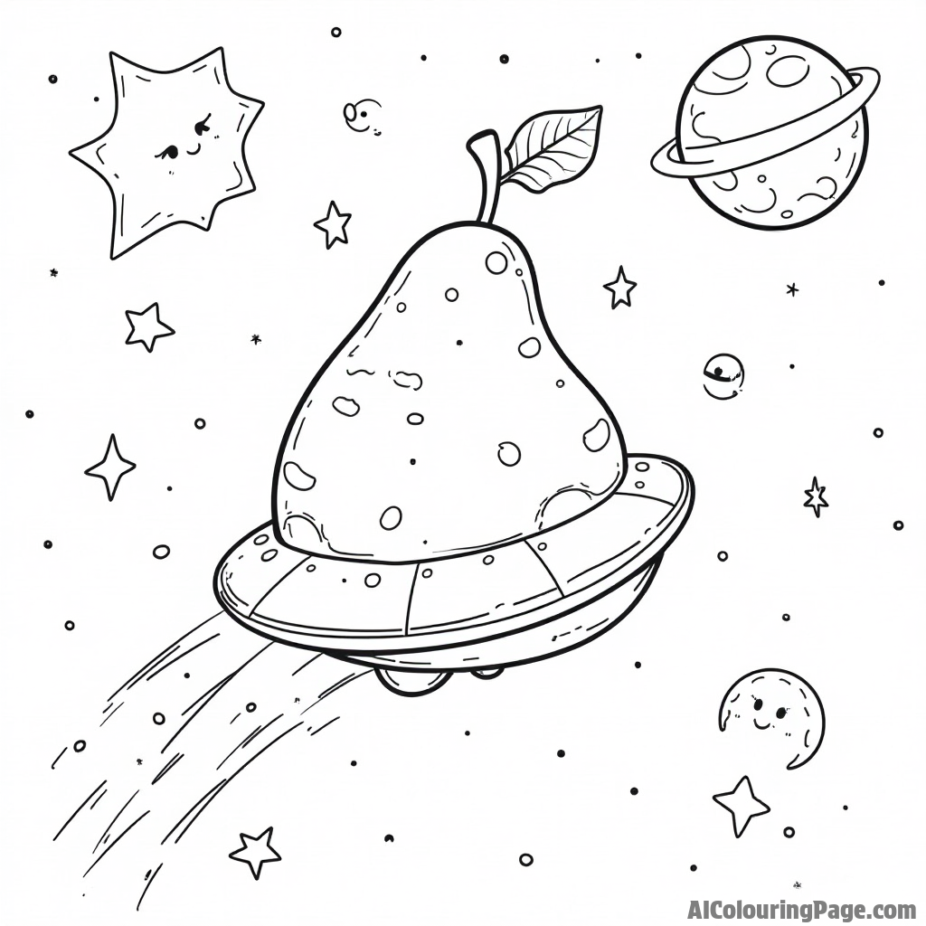 A cute pear-shaped spaceship flying through a starry sky with planets and comets, inviting children to color their adventure.