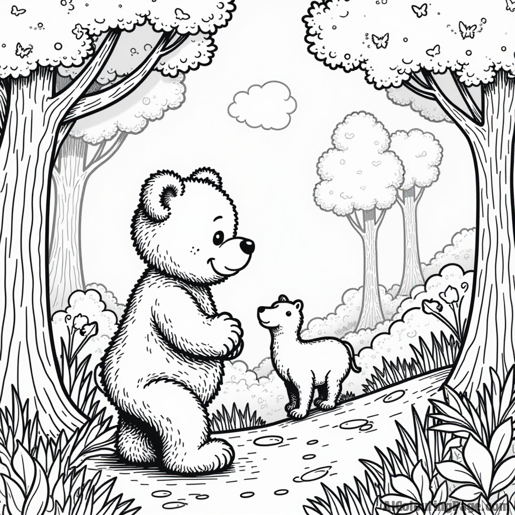 A teddy bear exploring a magical forest, with whimsical trees and friendly creatures, inspiring young artists to fill this enchanting scene with vibrant colors.