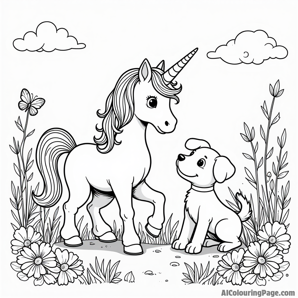 A unicorn and a playful puppy exploring a fantastical meadow filled with colorful flowers and butterflies, perfect for joyful coloring.