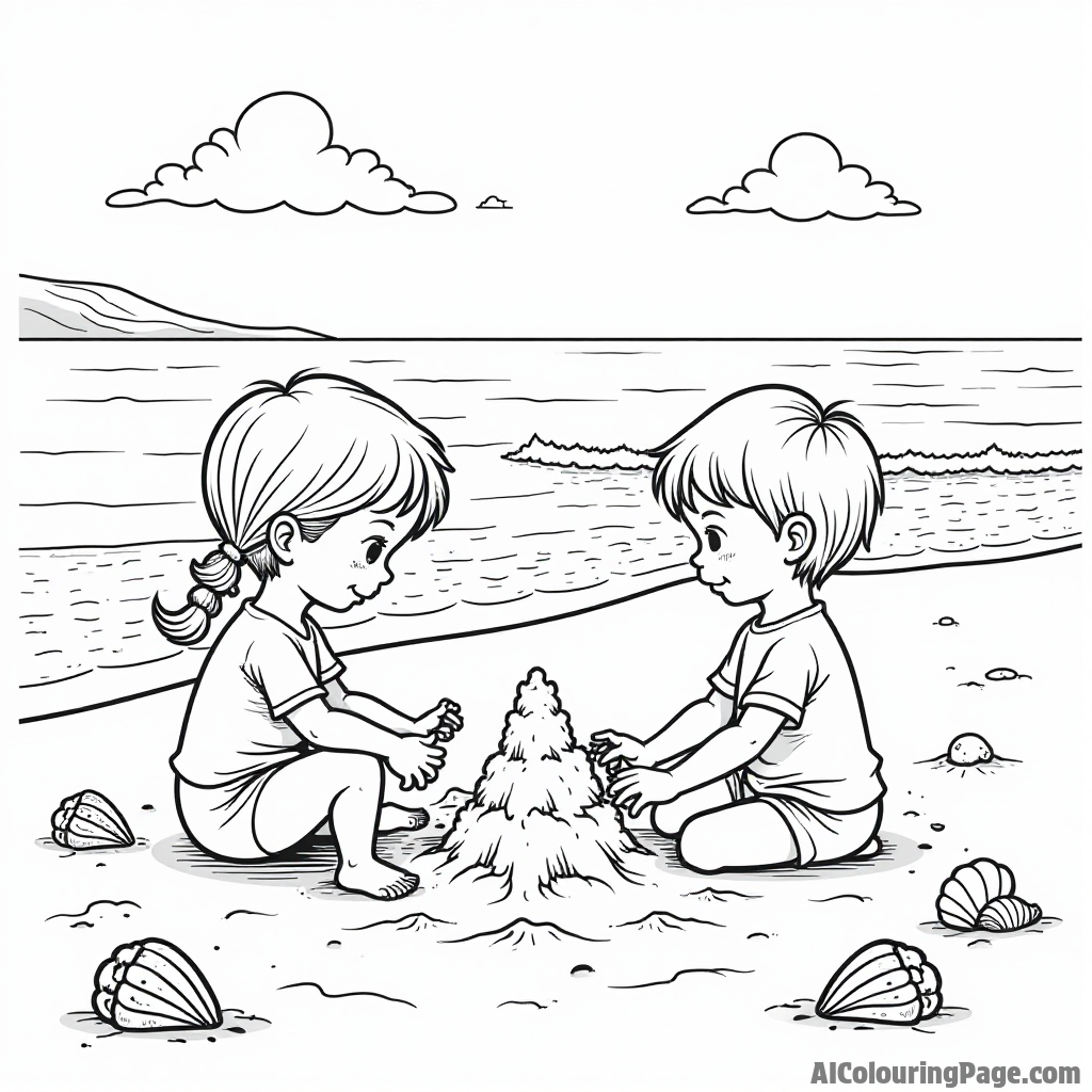 A serene beach scene with children building sandcastles while colorful seashells and gentle waves surround them