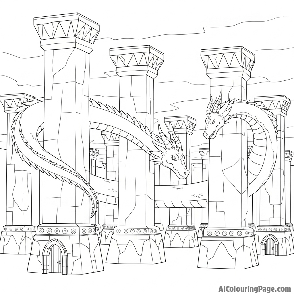 A dragon weaving through the colossal pillars of an underground Dwarven city.