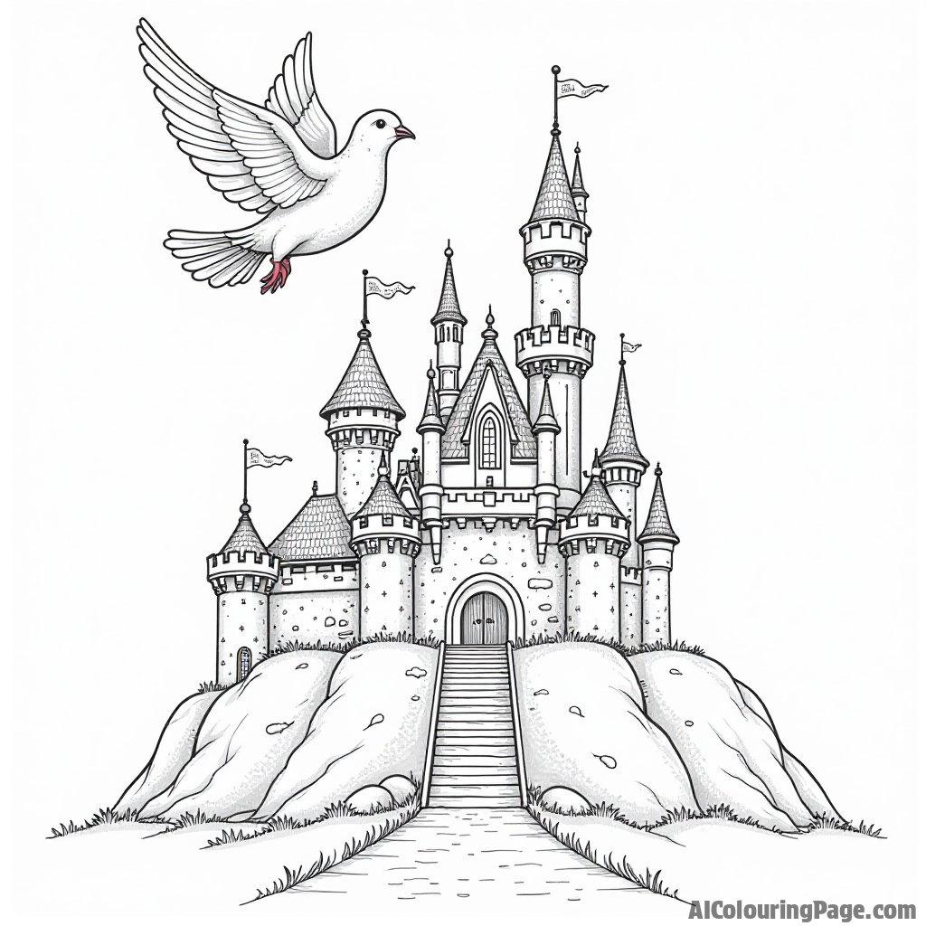 A dove flying over a whimsical castle with turrets and flags, creating a magical scene for children to color.