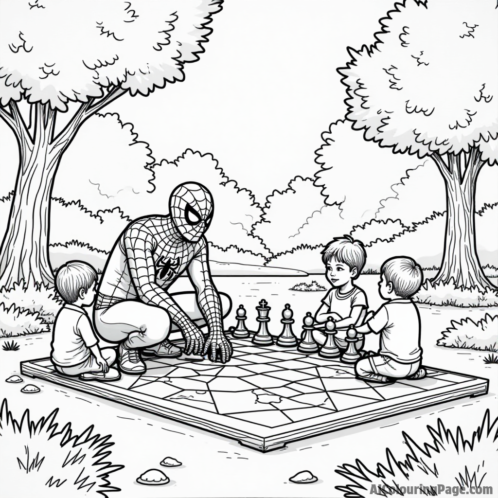 Spiderman playing chess with children in a park, a giant chessboard made of colorful pieces all around