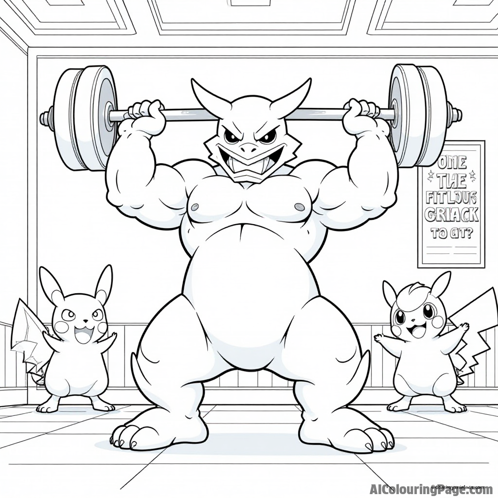 A determined Machamp lifting weights in a gym with other Pokémon cheering and a motivational poster on the wall.