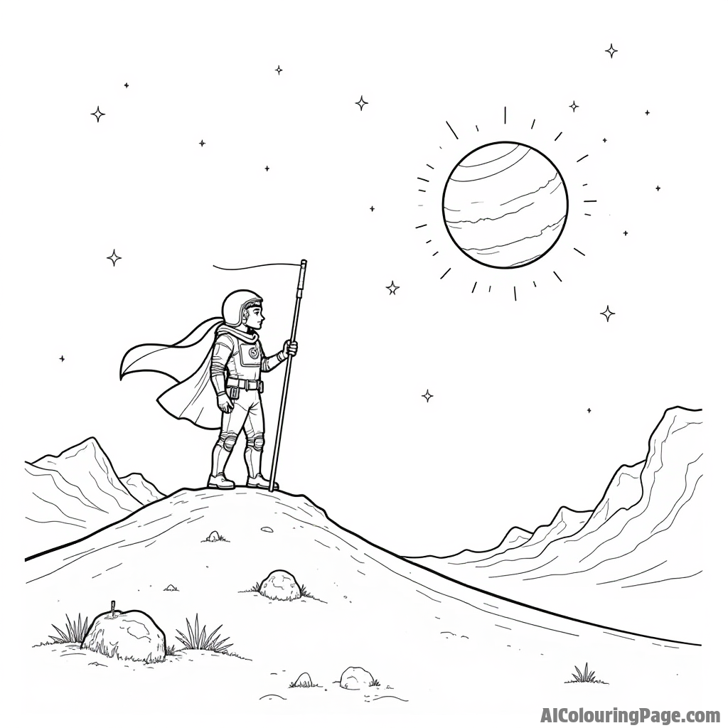 A heroic character planting a flag on a newly discovered alien planet, celebrating their discovery under twinkling stars.