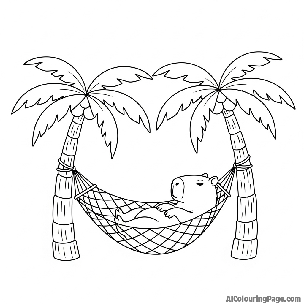 A capybara relaxing in a hammock strung between two palm trees.