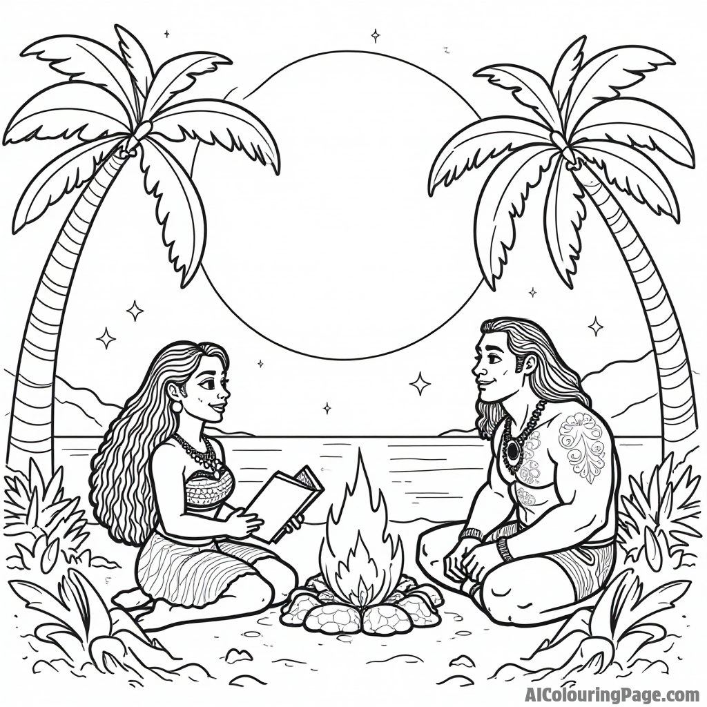 A magical moonlit night with Moana and Maui sharing stories by the fire, surrounded by tropical trees and stars.