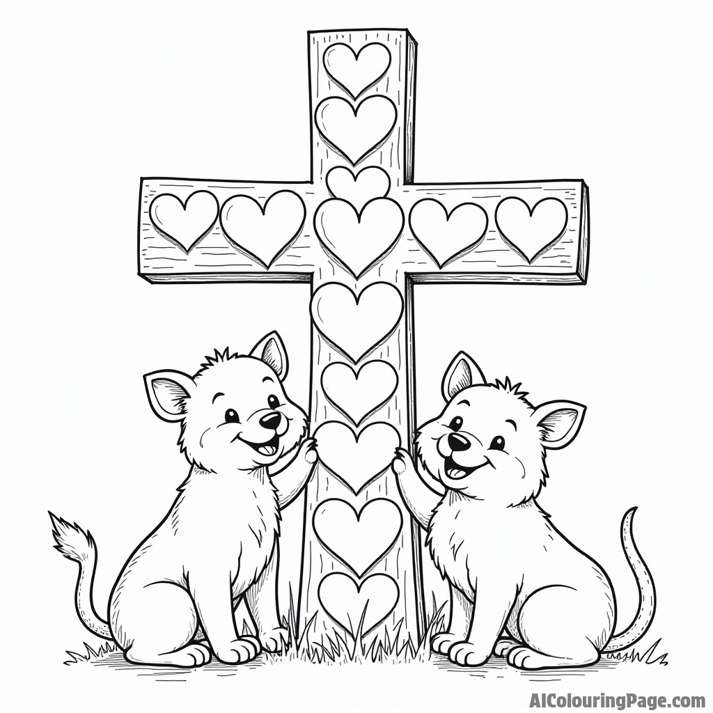 An artistic representation of a cross made of hearts, surrounded by smiling animals, creating a loving and cheerful coloring page.