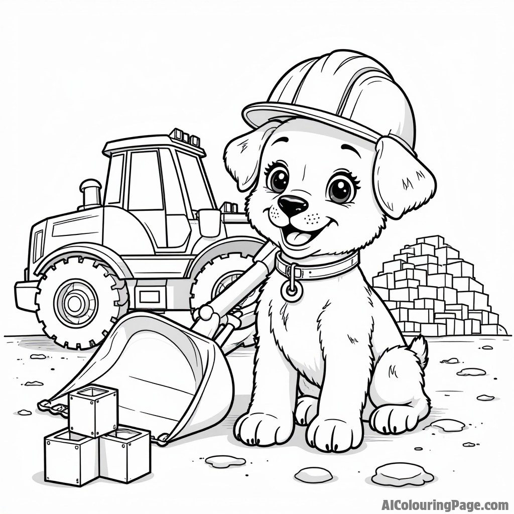 A construction site scene featuring a puppy with a hard hat, a bulldozer, and a pile of colorful building blocks nearby.