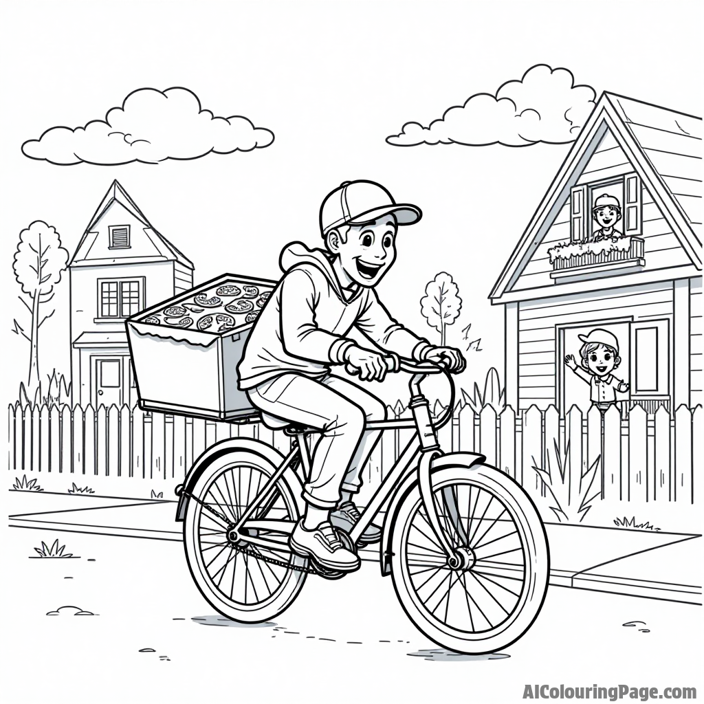 A pizza slice riding a bicycle, delivering pizzas through a neighborhood, with happy children waving from their homes.