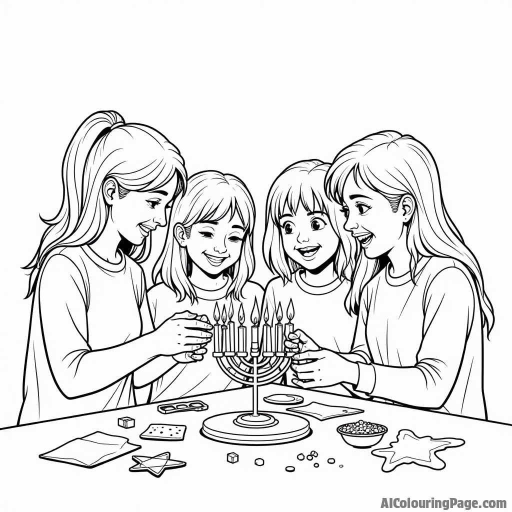 A group of friends crafting Hanukkah decorations together, with a menorah in the background, showcasing the joy of creativity during the festival for kids to color.