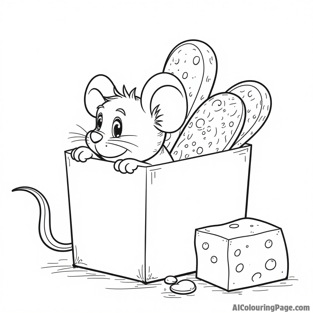 A friendly mouse peeking out of a bread box filled with assorted bread rolls, next to a block of cheese.