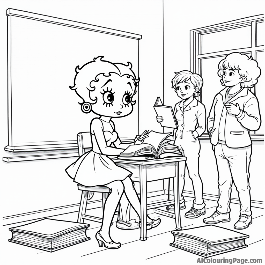 Betty Boop in a school classroom learning with friends surrounded by books, papers, and a chalkboard full of lessons