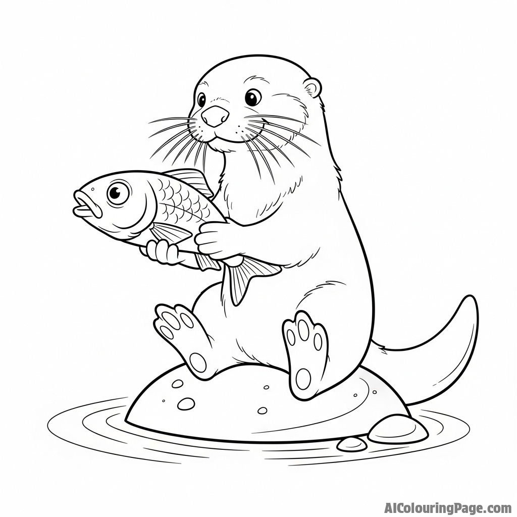 Studio Ghibli style animation of a friendly otter sharing a fish.
