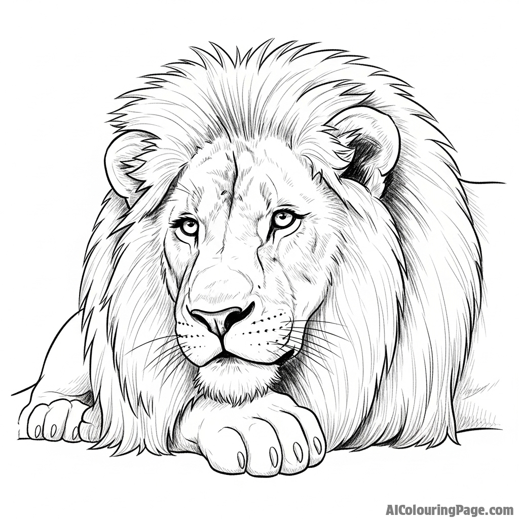 A detailed charcoal sketch capturing the pensive expression of a lion at rest.