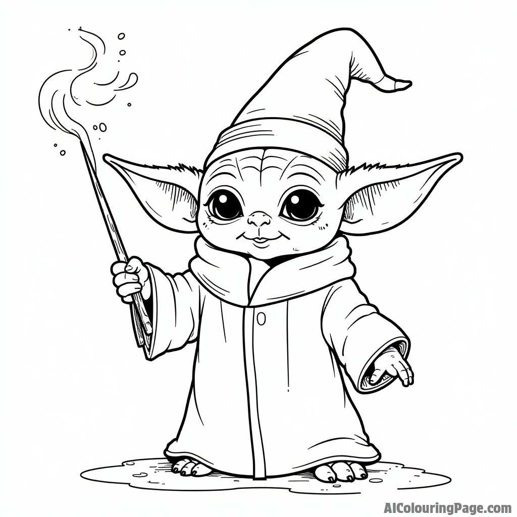 Baby Yoda wearing a wizard hat, casting spells with a magic wand in a mystical setting