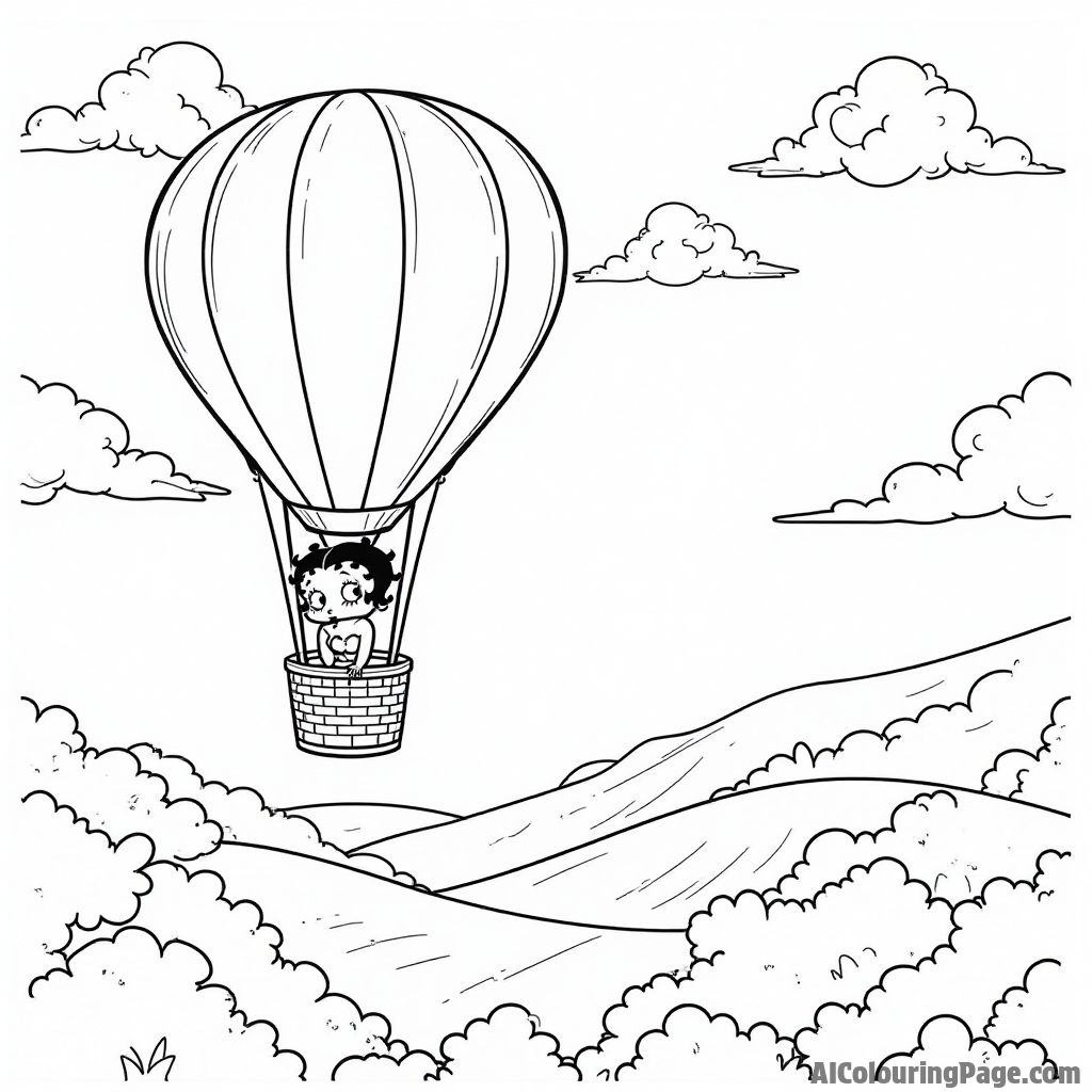 Betty Boop in a hot air balloon floating over a scenic landscape with rolling hills and fluffy clouds below