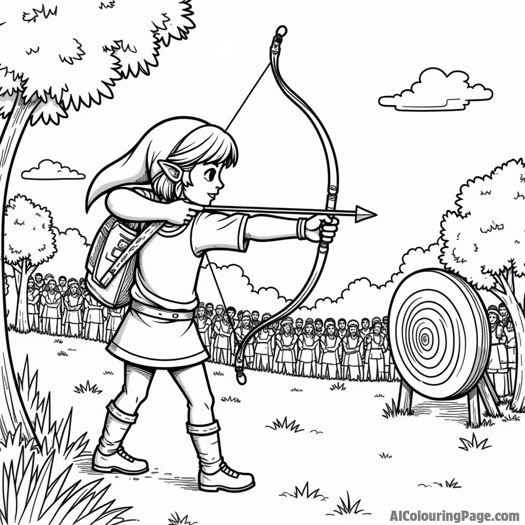 Link using a bow and arrow to shoot at a target, with trees, a clear sky, and a cheering crowd behind