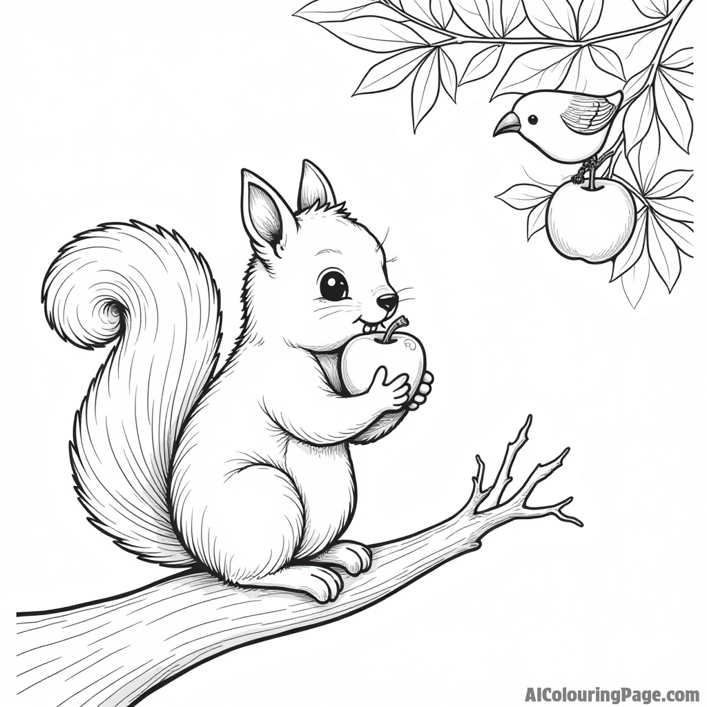 A cute squirrel sitting on a branch, munching an apple while a bird watches it from a nearby apple tree.