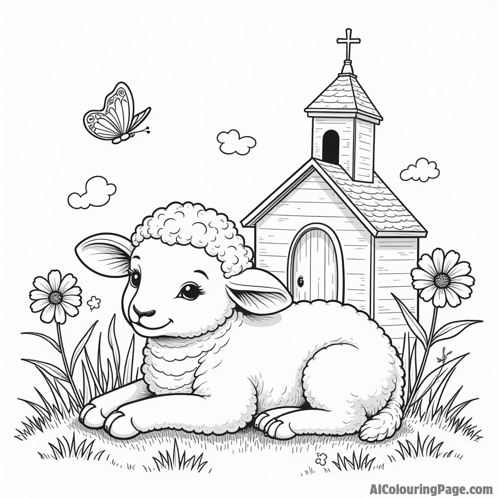 A cute lamb resting peacefully in front of a church, surrounded by daisies and butterflies fluttering nearby.