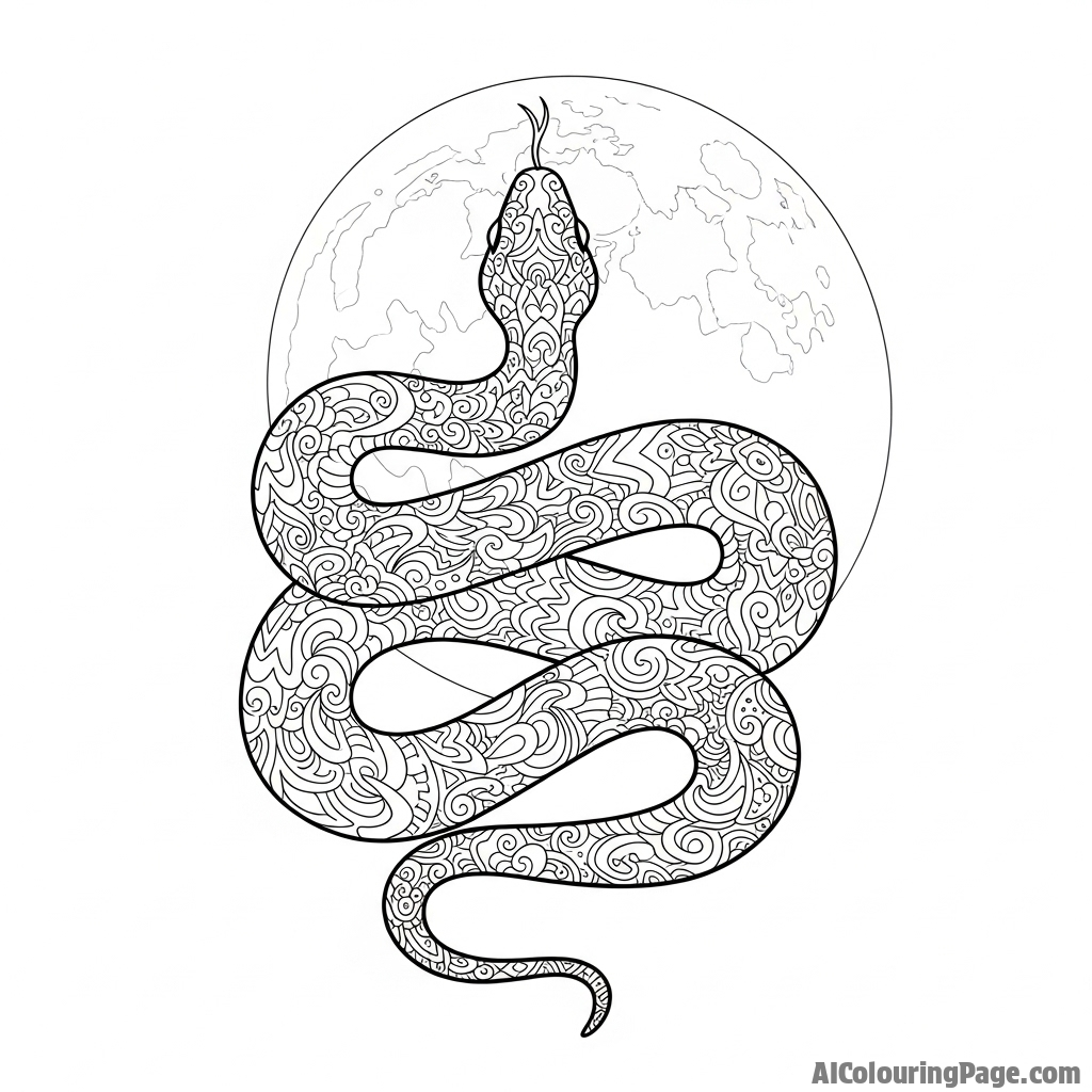 Silhouette of a large snake against a bright full moon.
