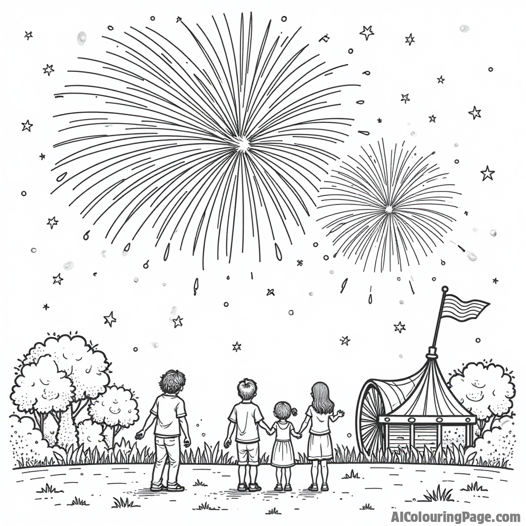 A dazzling fireworks display lighting up the night sky, excited families watching from below, and a cheerful carnival atmosphere, creating a wonderful coloring page for Festivals and Traditions.