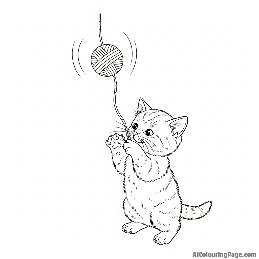 A tiny kitten batting playfully at a dangling piece of yarn.