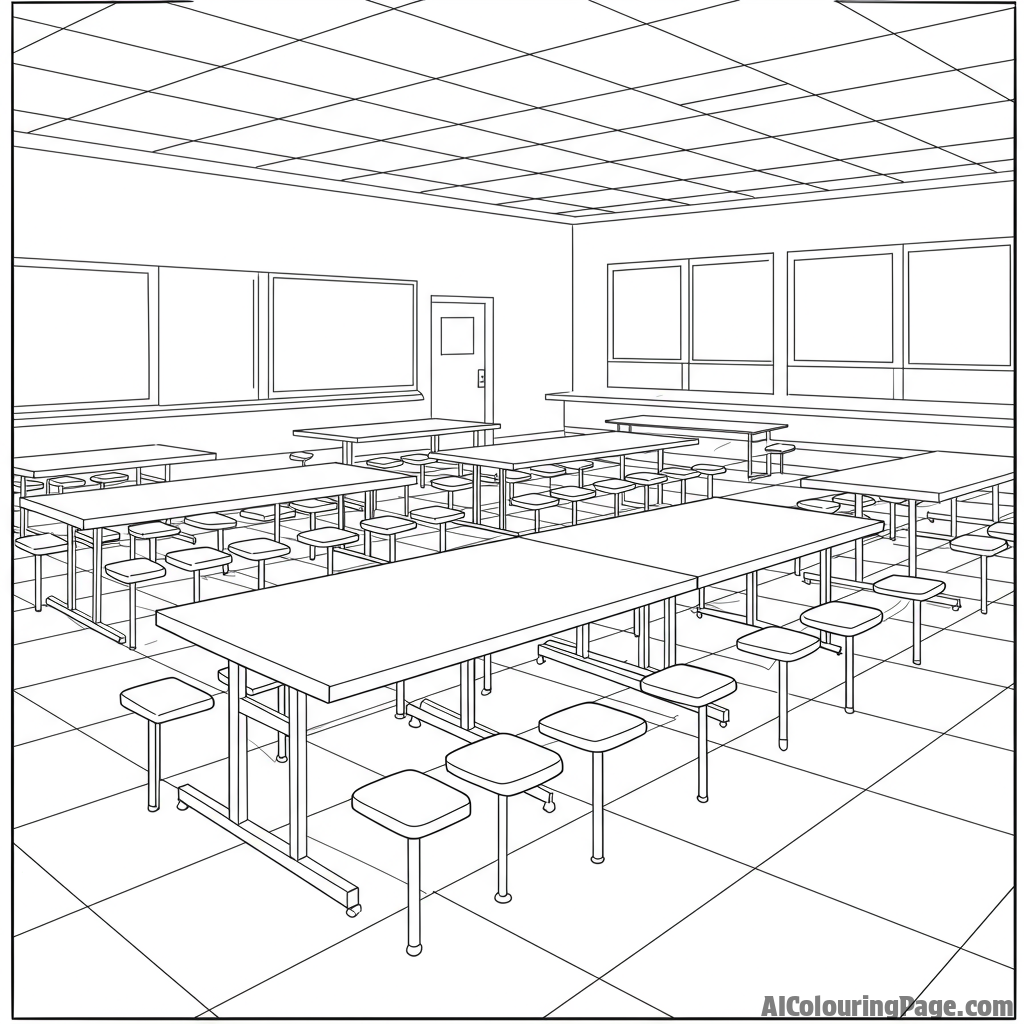 An empty school cafeteria, ready for the bustle of lunchtime.
