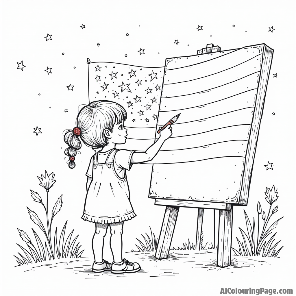 A playful scene of a young girl painting a large American flag on a canvas, surrounded by her friends and patriotic decorations on the 4th of July.