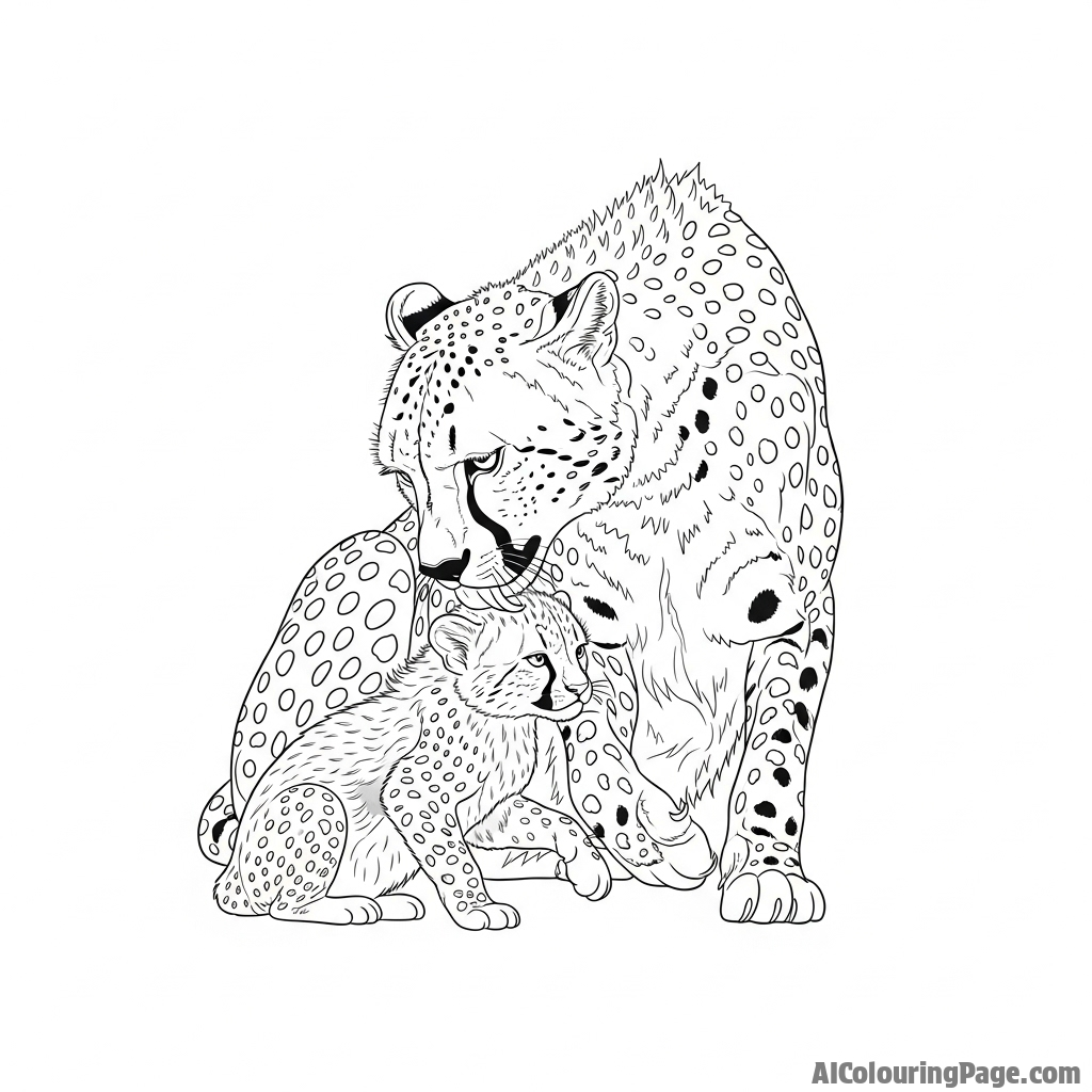 A mother cheetah meticulously grooming her tiny, fluffy cub.