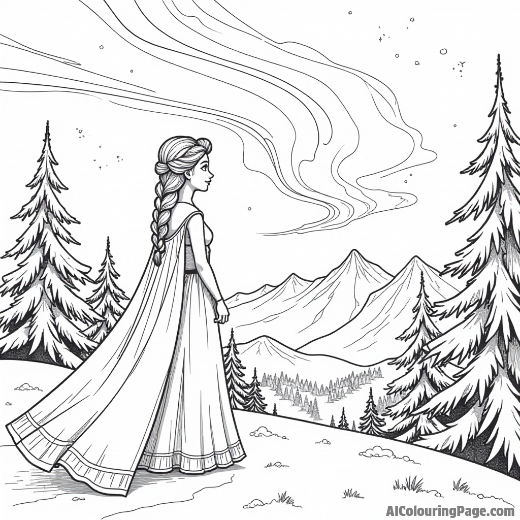 Elsa watching the northern lights from a snowy hilltop