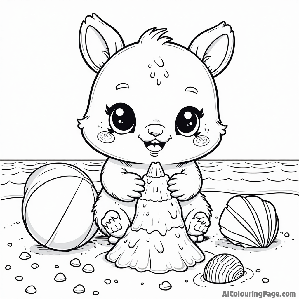 A Hatchimal building a sandcastle at the beach with seashells and a beach ball, creating a fun scene for children to color with bright beach colors in this Toys and Games Coloring Pages theme.