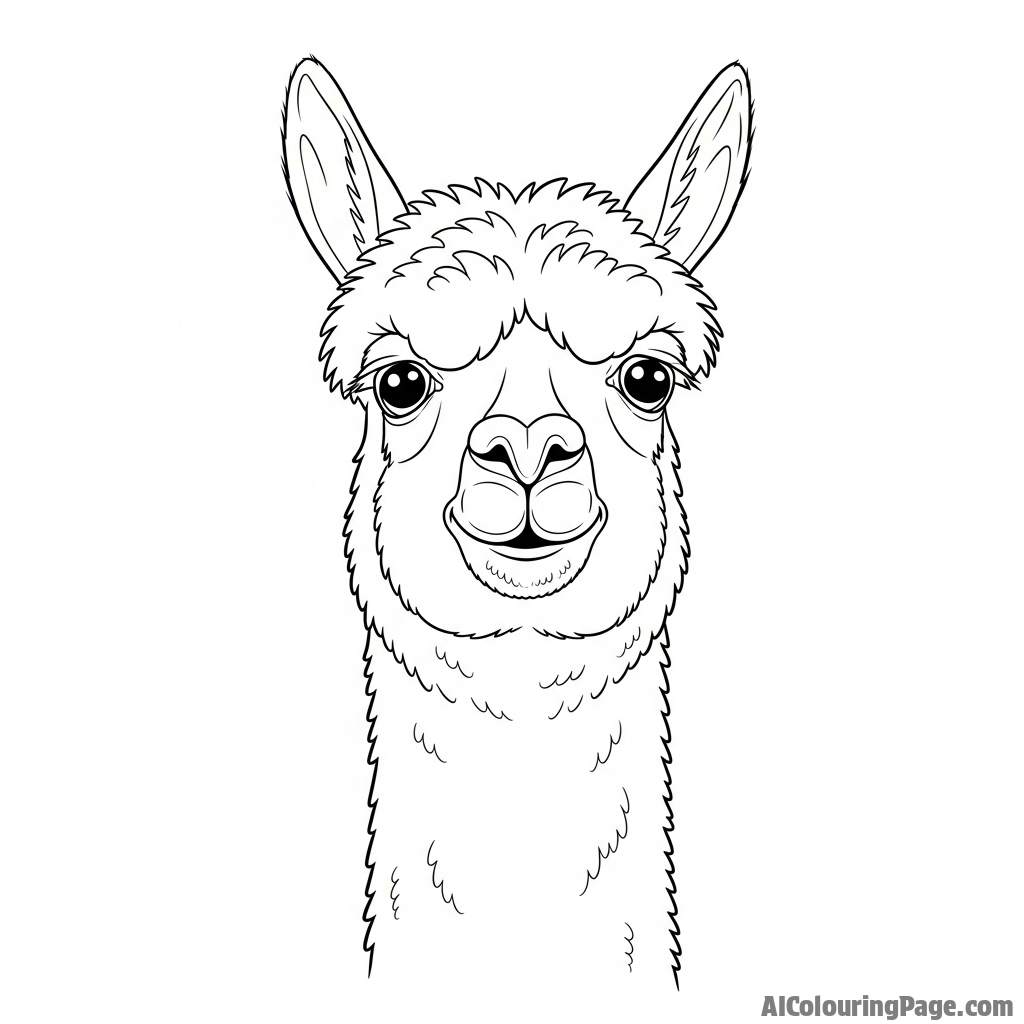 An alpaca with a comical, curious expression, close-up portrait