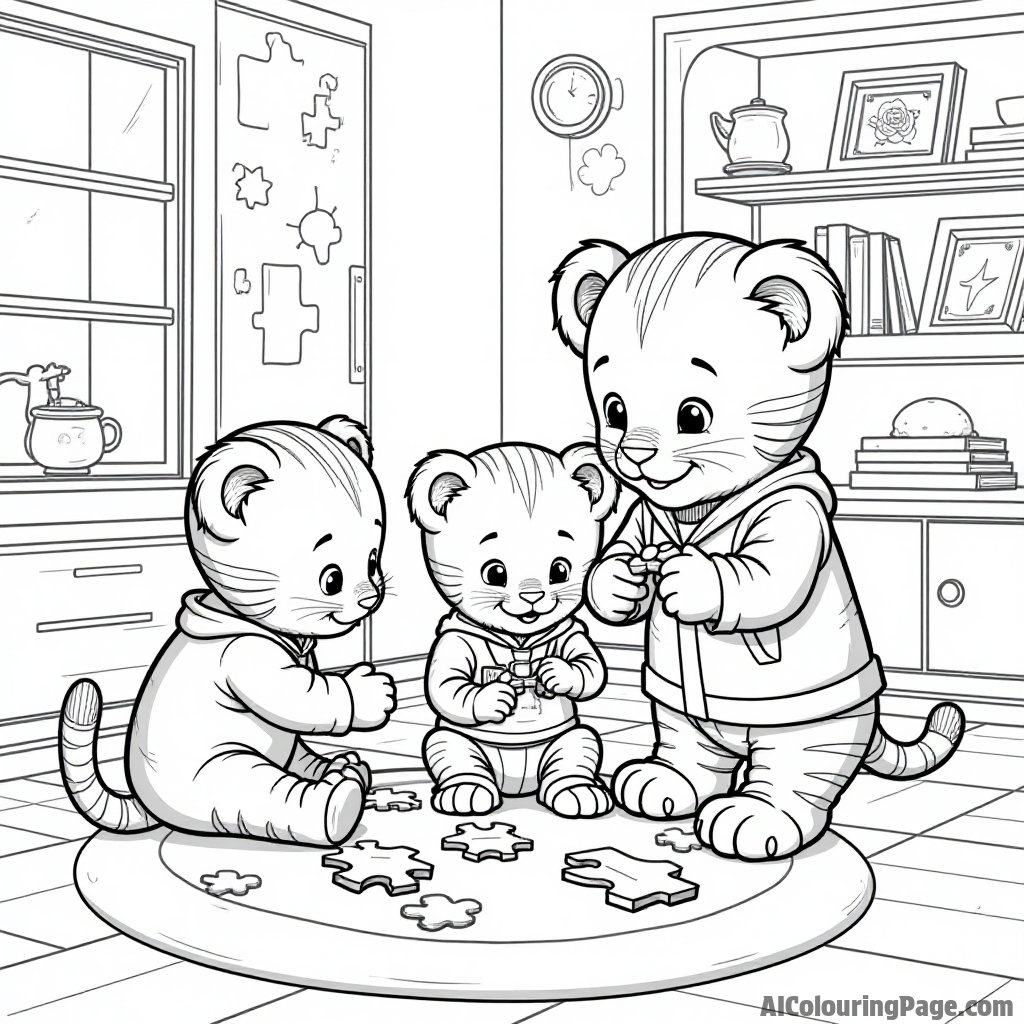 Daniel Tiger and his friends solving puzzles together in a cozy room filled with books, games, and colorful toys.