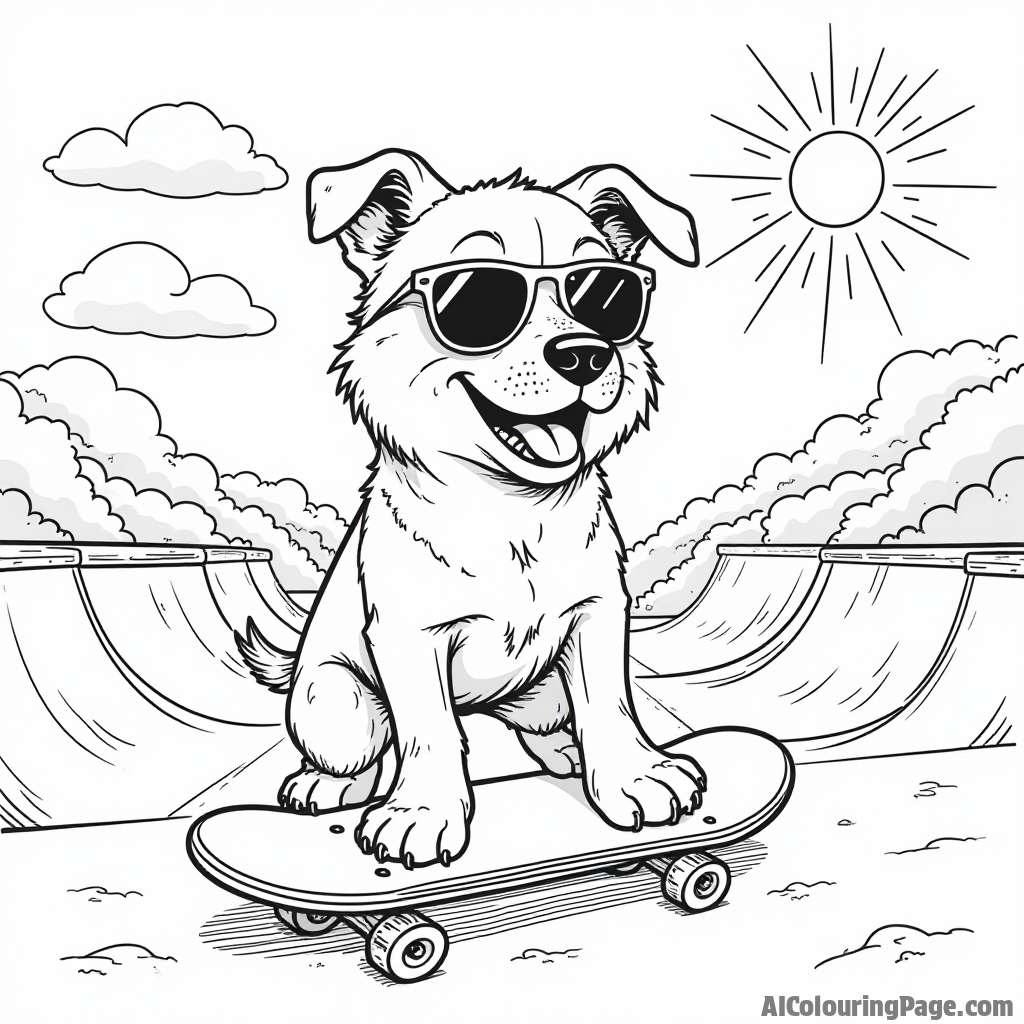 A dog wearing sunglasses riding a skateboard in a skate park, with ramps and a bright sun above, creating a fun and playful atmosphere for kids to color.