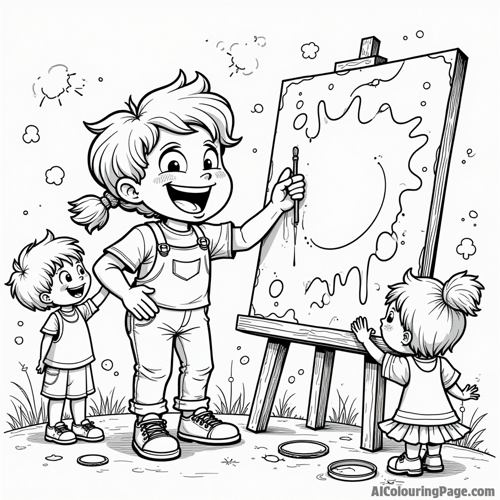 A cheerful character painting a mural on a wall, surrounded by colorful splashes of paint and enthusiastic children