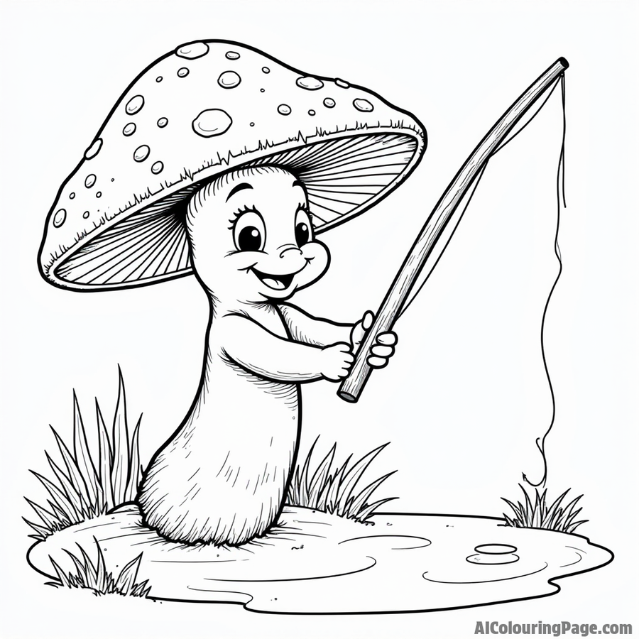 A mushroom holding a fishing rod by a pond