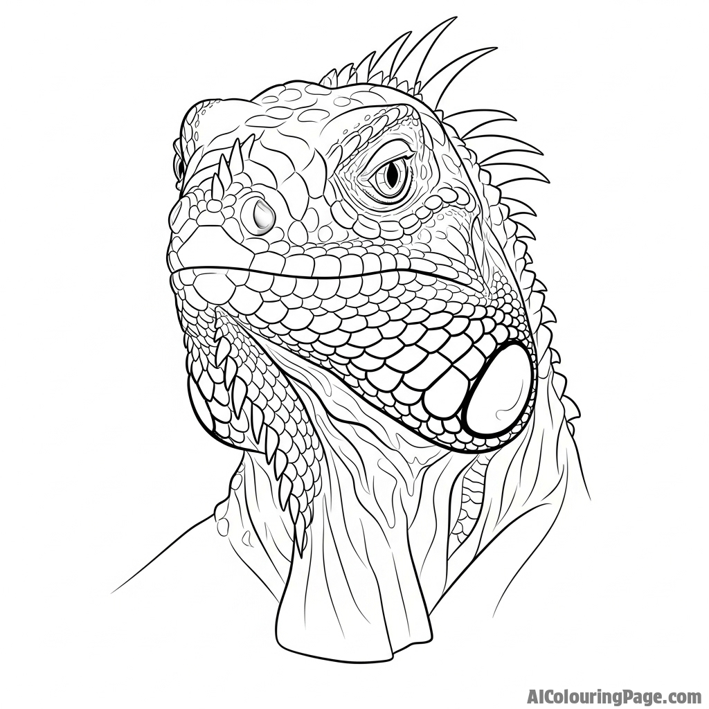 A dramatic portrait of an iguana, its head turned slightly towards the viewer, exuding ancient wisdom.