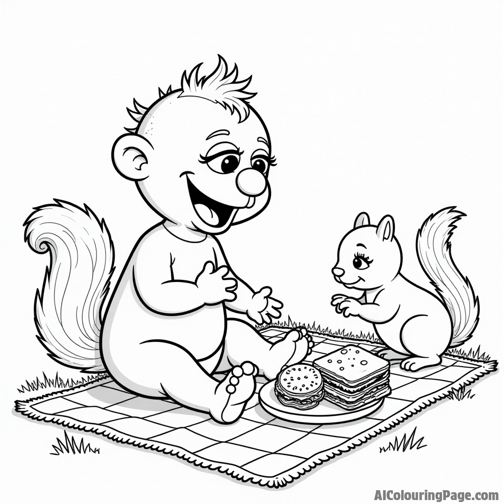 A Muppet baby having a picnic on a checkered blanket, with sandwiches, fruits, and a playful squirrel nearby.