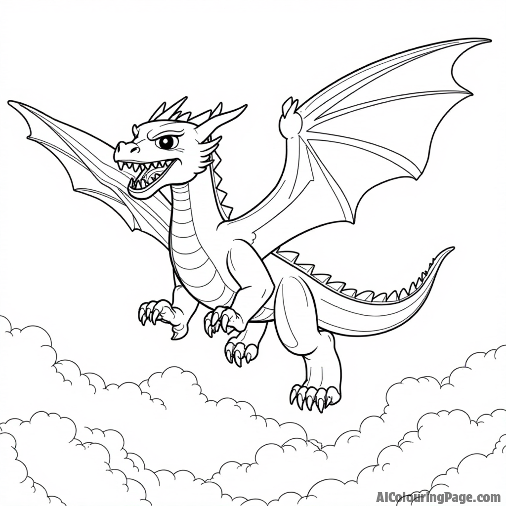 A Lego Ninjago dragon soaring through the sky, with clouds and a distant mountain range, showcasing its powerful wings and fierce expression, designed for a fun coloring experience for kids.