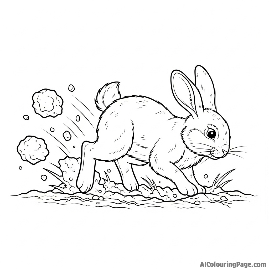A bunny digging furiously in the soil, sending dirt flying behind it.